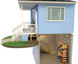 Cross-section of a blue house with a porch, revealing a solid basement foundation featuring storage shelves and a staircase.