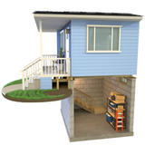 Cross-section of a blue house with a porch, revealing a solid basement foundation featuring storage shelves and a staircase.