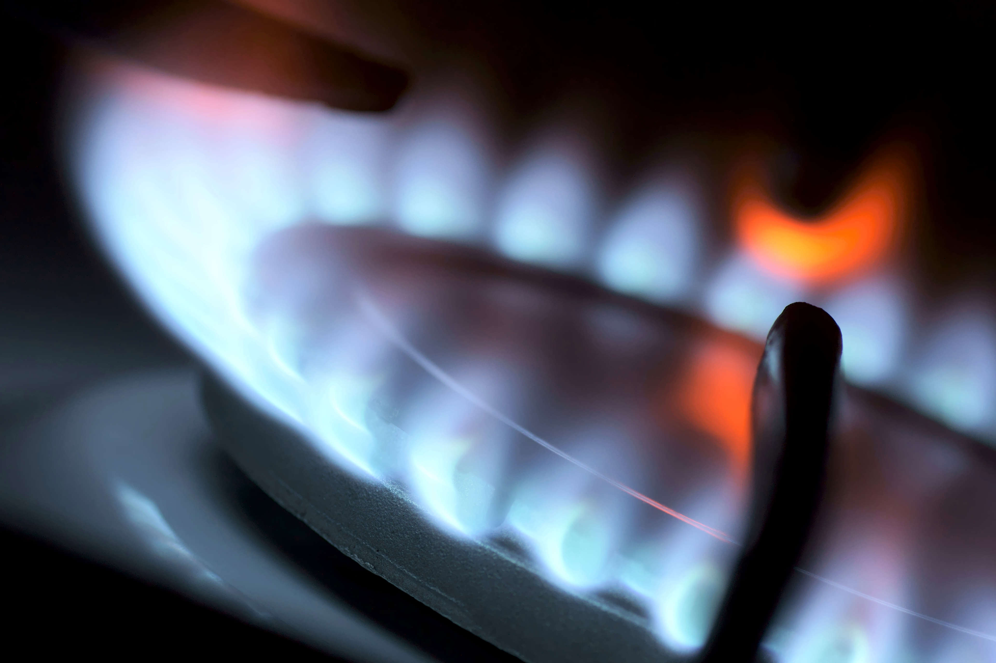 Close-up of a lit gas stove burner with blue flames and an orange glow.