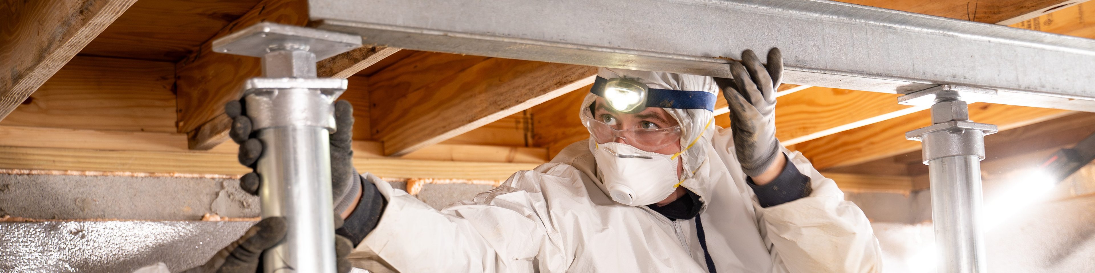 Person in protective clothing and gloves adjusting a metal support beam during crawl space repair.