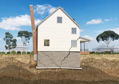 Cracks in foundation and chimney separating on home illustration.