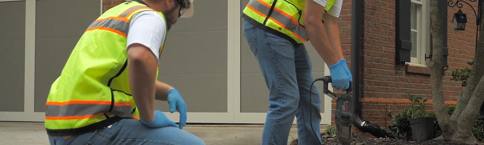 JES Foundation Repair crew installing polyrenewal to sinking concrete slab