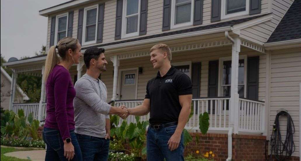 JES Foundation Repair inspector shaking hands with homeowners in front of house