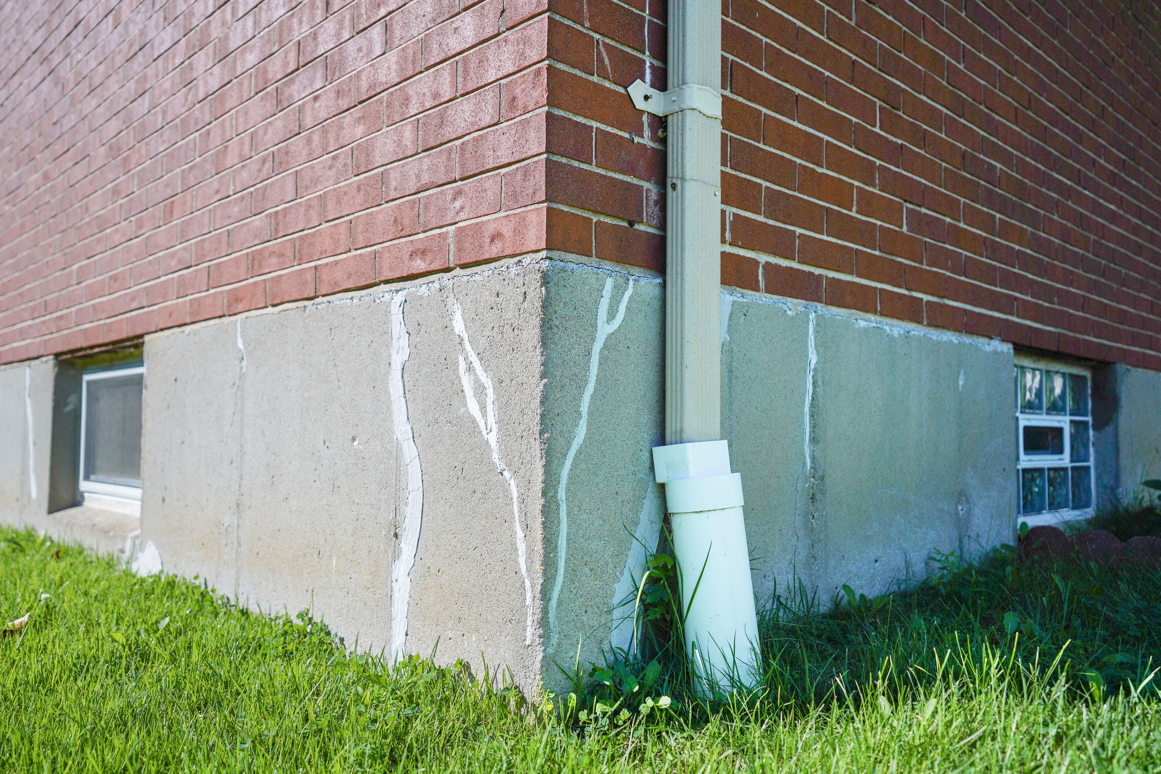 Cracks sealed all over the surface of a damaged foundation wall.