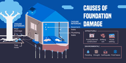 Illustration depicting causes of foundation damage, such as drainage issues, tree roots, leaks, and other structural factors that can lead to structural damage to the house.
