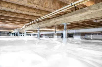 Crawl space encapsulation features wooden beams, a white vapor barrier on the ground, and visible pipework.