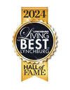 Gold and black "2024 Lynchburg Living Best of Lynchburg Hall of Fame" badge.