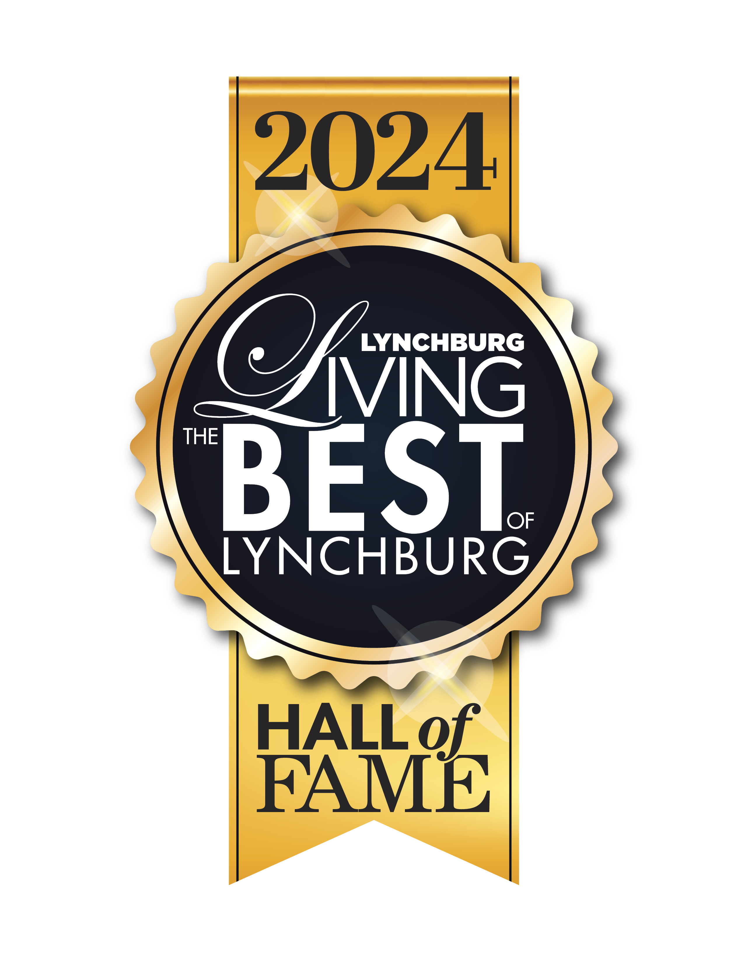 Gold and black "2024 Lynchburg Living Best of Lynchburg Hall of Fame" badge.