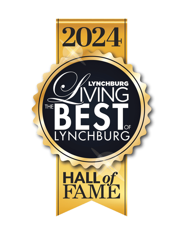 Gold and black "2024 Lynchburg Living Best of Lynchburg Hall of Fame" badge.