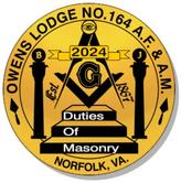 Circular emblem of Owens Lodge No. 164 featuring Masonic symbols and text, "Duties of Masonry," Norfolk, VA.