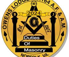Circular emblem of Owens Lodge No. 164 featuring Masonic symbols and text, "Duties of Masonry," Norfolk, VA.