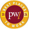 Circular emblem with "Best Places to Work 2024" and "pwl" in the center on a maroon and gold background.