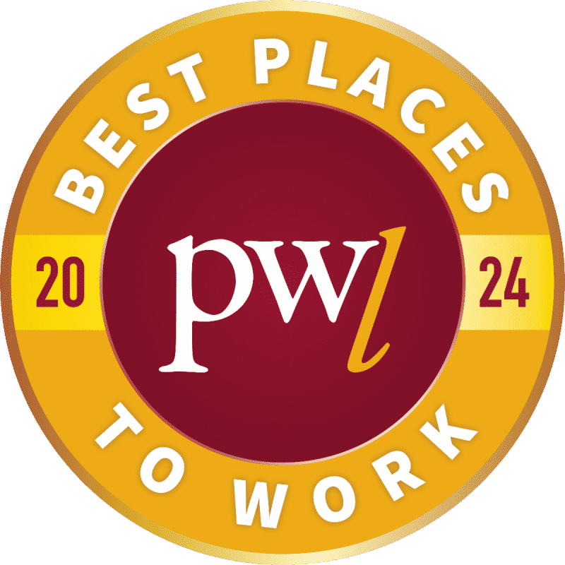 Circular emblem with "Best Places to Work 2024" and "pwl" in the center on a maroon and gold background.