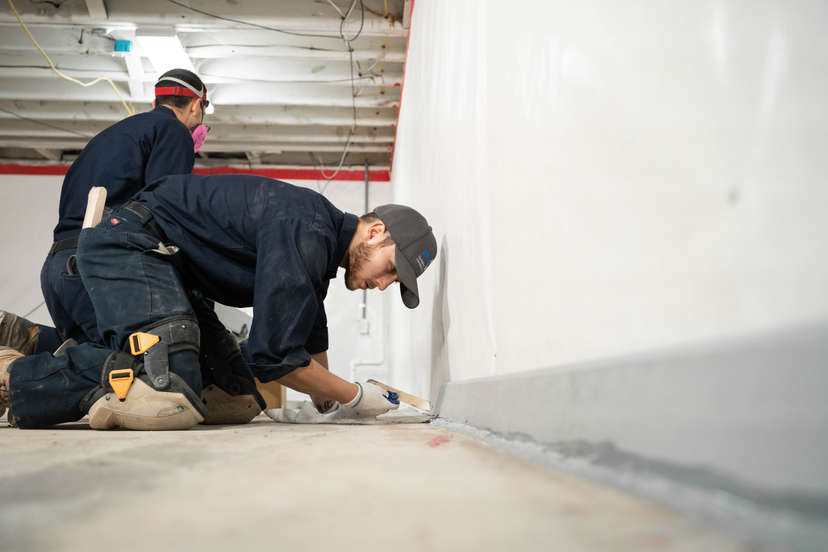Two workers kneel on the floor, applying sealant for basement waterproofing at the base of a white wall in an unfinished room.