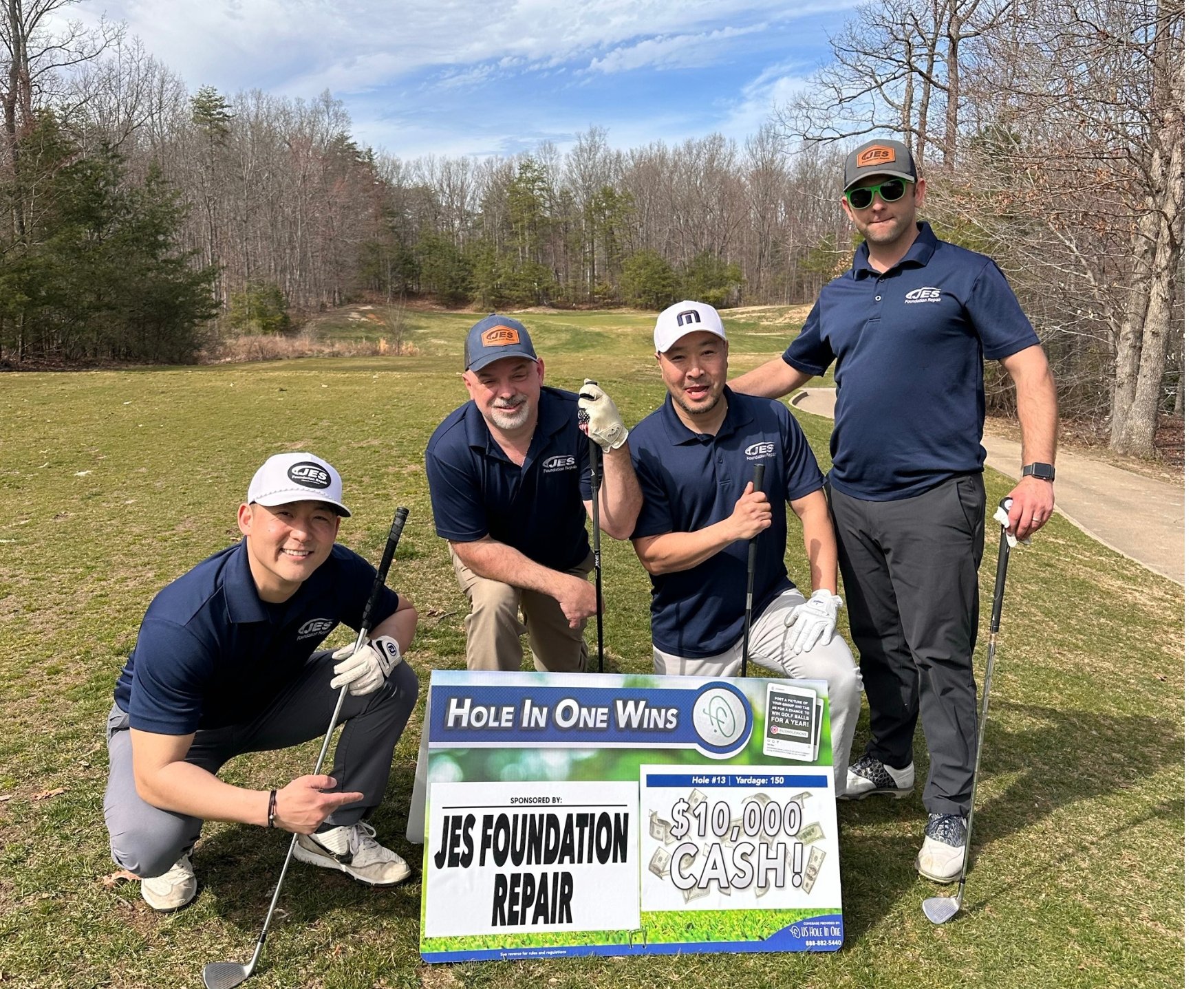 Four JES Foundation Repair team members at 2025 Frostbite Scramble sponsorship Prince William Chamber of Commerce event
