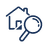 Outline of a house with a large magnifying glass in front, symbolizing home inspection or real estate search.