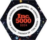 Hexagonal badge reading "Inc. 5000 2024" with "Honor Roll" and "6x Honoree" in a circular pattern.