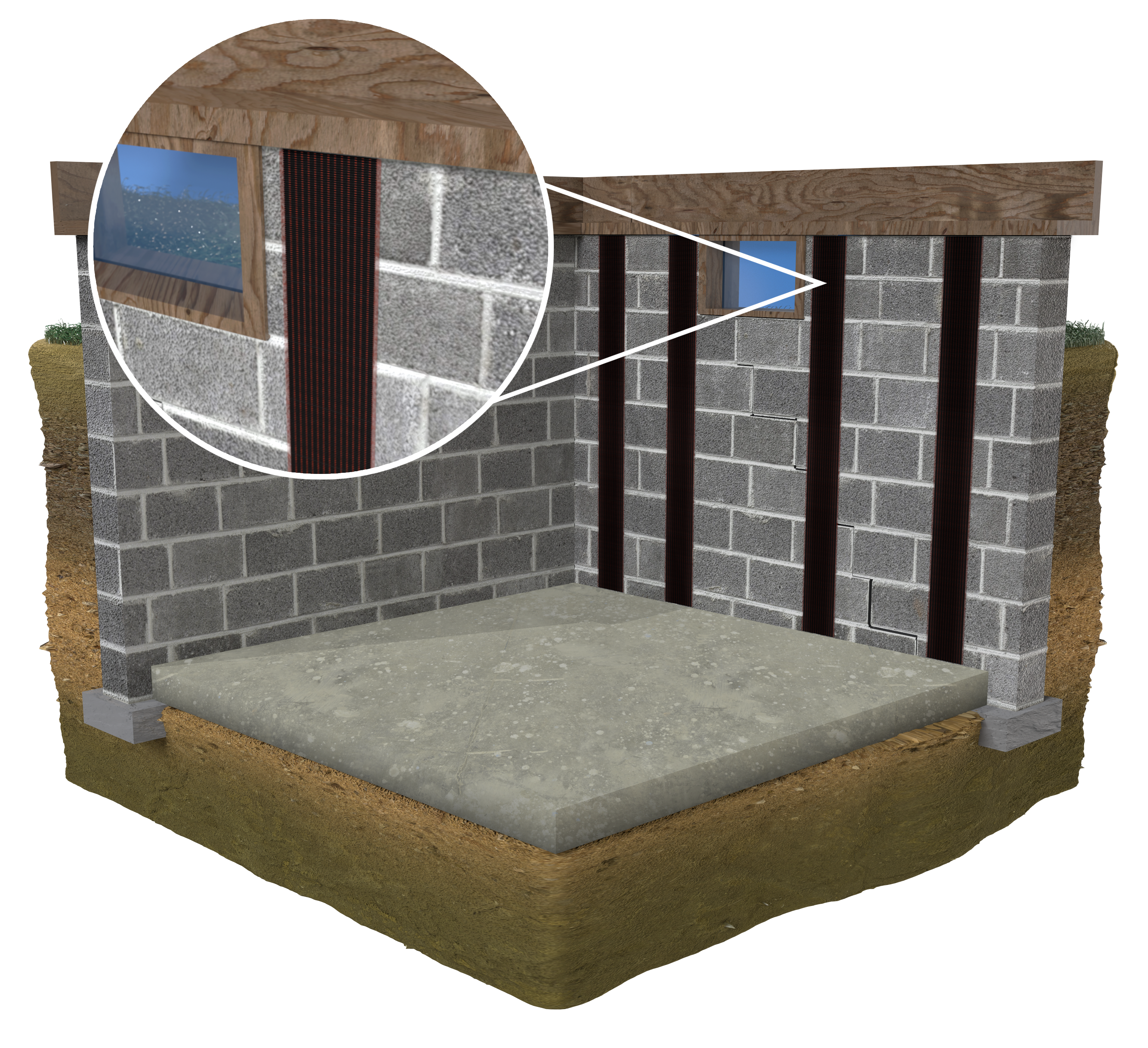 CGI image of basement wall carbon fiber reinforcement
