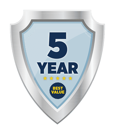 Silver shield with a blue center displaying "5 Year" and small yellow stars below the text.