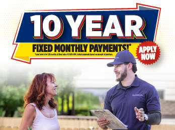 10 year fixed monthly payments financing banner with an inspector talking with a homeowner