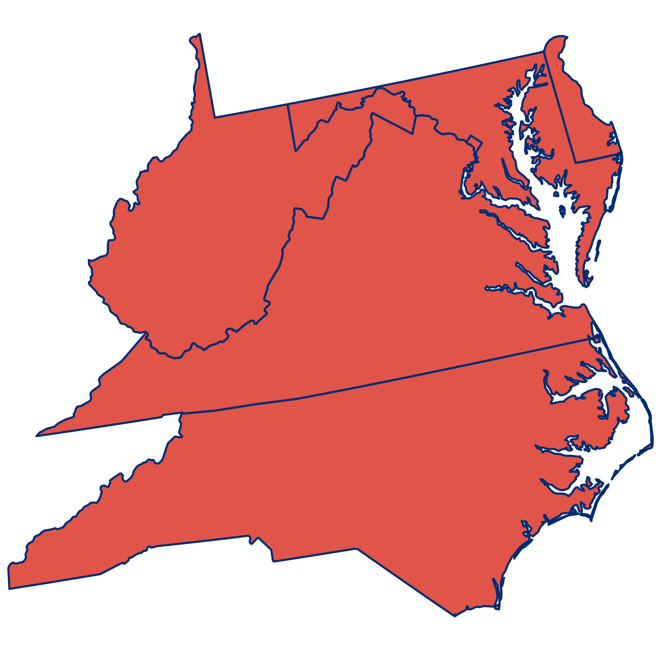 Outline map showing West Virginia, Virginia, Maryland, and North Carolina shaded in red with blue borders on a light background.