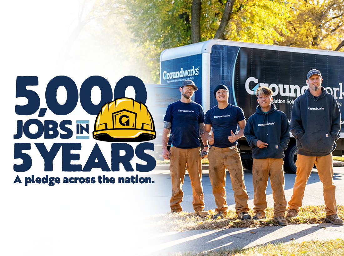 Four workers in uniforms stand by a branded truck next to text: "5,000 jobs in 5 years. A pledge across the nation.