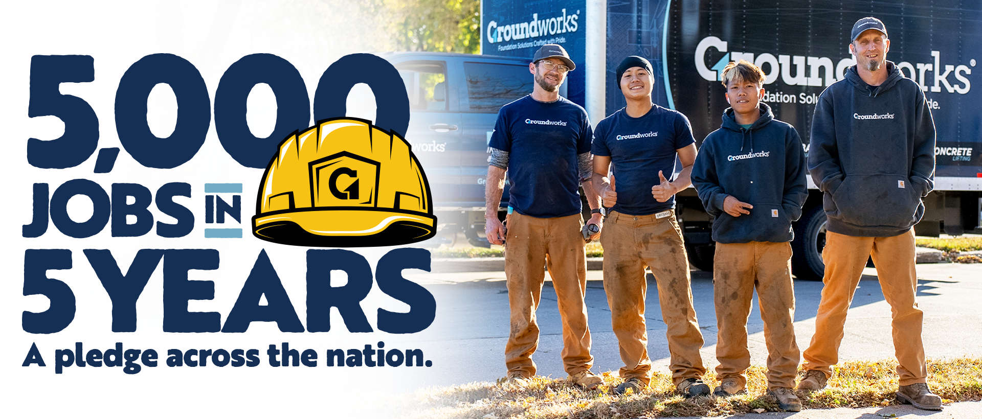 Four construction workers in work attire stand near a truck. Text reads: "5,000 jobs in 5 years. A pledge across the nation.