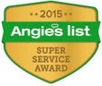 Gold Angie’s List 2015 Super Service Award badge with a green banner.