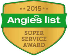 Gold Angie’s List 2015 Super Service Award badge with a green banner.