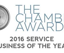 Award logo for "The Chamber Awards: 2016 Service Business of the Year" with a circular emblem on the left.