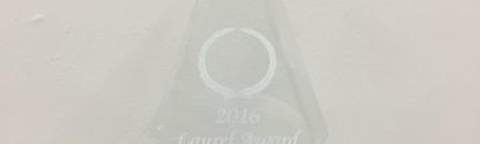 Glass award for "Excellence in Marketing" with a wooden base on a black surface.