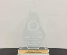 Glass award for "Excellence in Marketing" with a wooden base on a black surface.