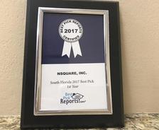 Plaque reading "Best Pick Reports 2017" awarded to NSQUARE, Inc. for South Florida's best pick, 1st year.