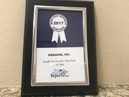 Plaque reading "Best Pick Reports 2017" awarded to NSQUARE, Inc. for South Florida's best pick, 1st year.