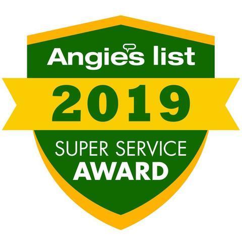 Green and yellow badge reads "Angie's List 2019 Super Service Award.