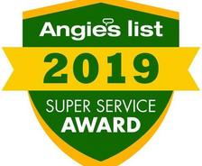 Green and yellow badge reads "Angie's List 2019 Super Service Award.