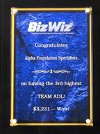 Plaque with "BizWiz" logo, congratulating Alpha Foundation Specialists for the 3rd highest TEAM ADL of $3,231.