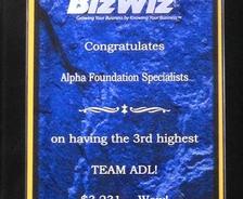 Plaque with "BizWiz" logo, congratulating Alpha Foundation Specialists for the 3rd highest TEAM ADL of $3,231.