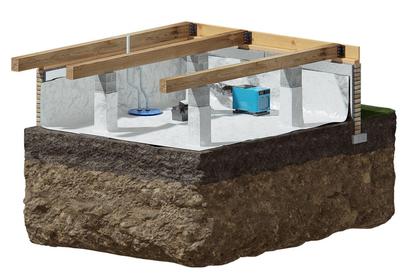 Cutaway illustration of a basement with exposed wooden beams, insulation, and a small blue dehumidifier.