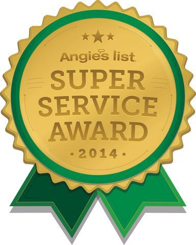 Gold badge with text "Angie's List Super Service Award 2014" and green ribbon.