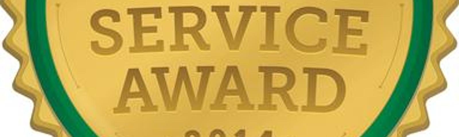 Gold badge with text "Angie's List Super Service Award 2014" and green ribbon.