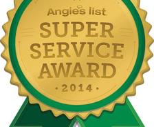 Gold badge with text "Angie's List Super Service Award 2014" and green ribbon.