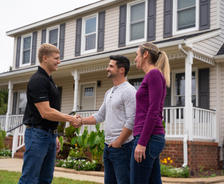 A man shakes hands with a couple in front of a suburban house on a bright day.