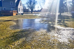 A flooded backyard with sunlight streaming through trees, creating reflections on the waterlogged grass.