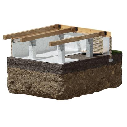 Cutaway of a building foundation showing walls, wooden beams, and soil layers.