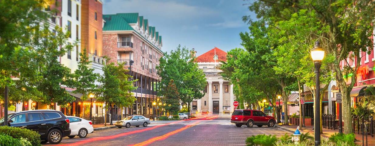 A charming street with parked cars, trees, and historic buildings in the background under a blue sky.