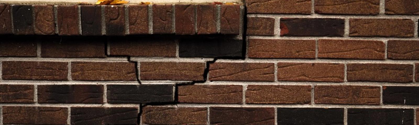 A cracked brick wall beneath a window ledge with two leaves.