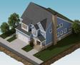 Isometric view of a blue house with a gray roof, surrounded by trees and a driveway, against a gradient sky.