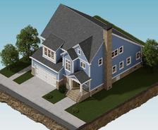 Isometric view of a blue house with a gray roof, surrounded by trees and a driveway, against a gradient sky.