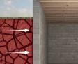 Illustration showing soil shrinkage next to a concrete basement wall affecting the building foundation.